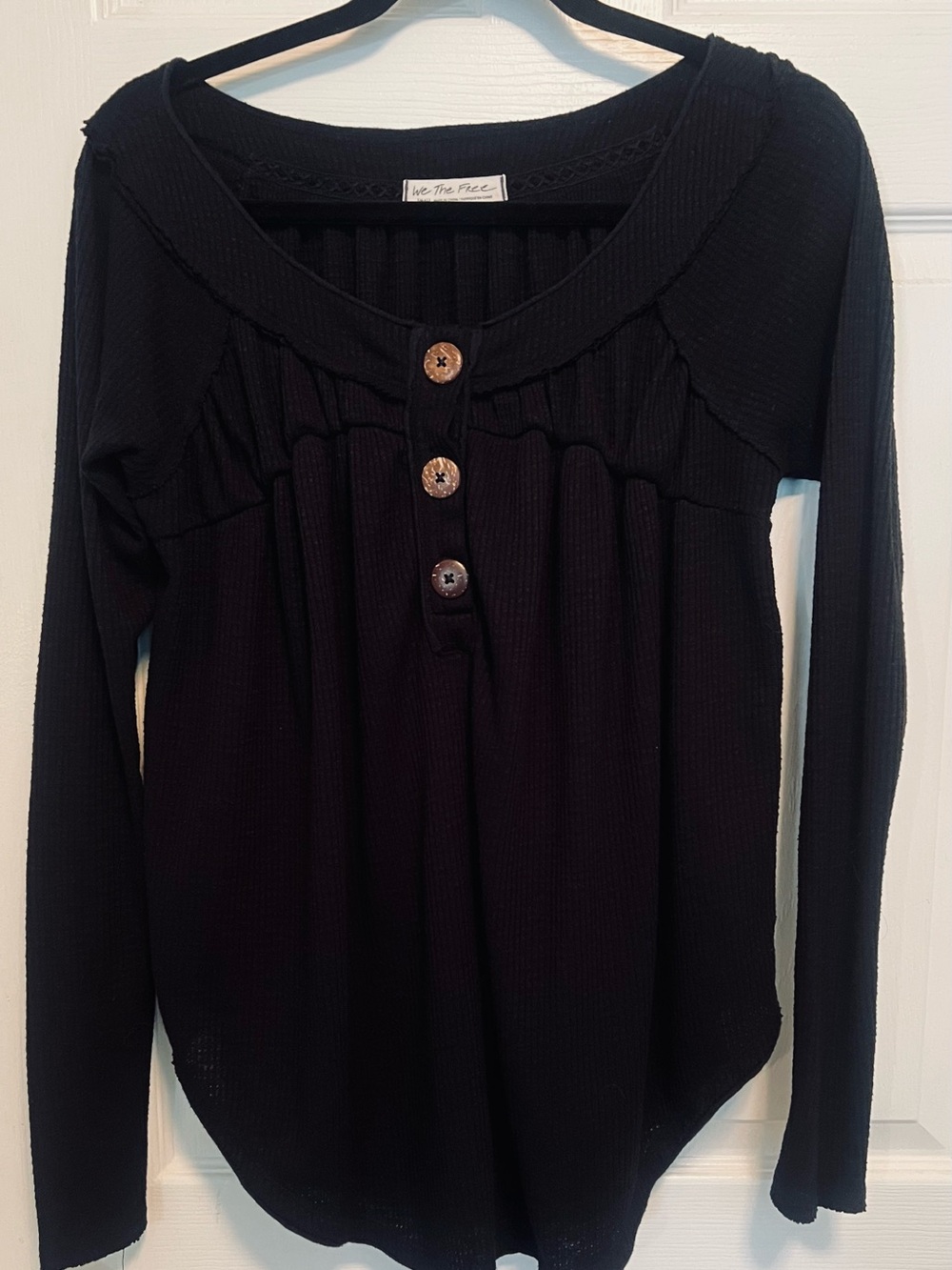 We The Free Black Ribbed Long-Sleeve Henley with Wood Buttons